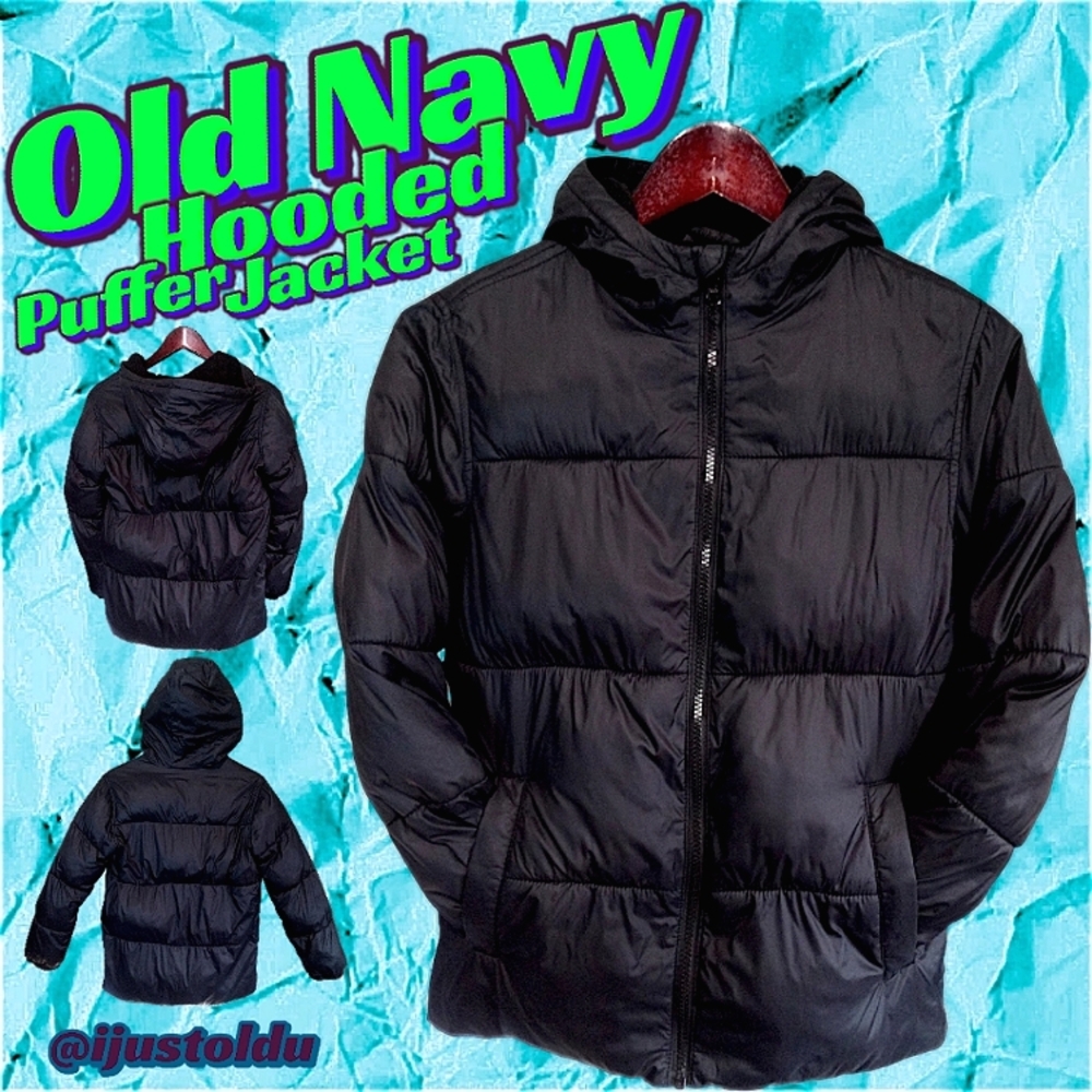 Old Navy Black Hooded Puffer Jacket | Kids Large (10-12) Unisex | Zip Up Closure